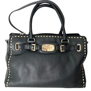 Michael Kors Hamilton Black Leather  w/ Gold Whipstitch Large Satchel Tote